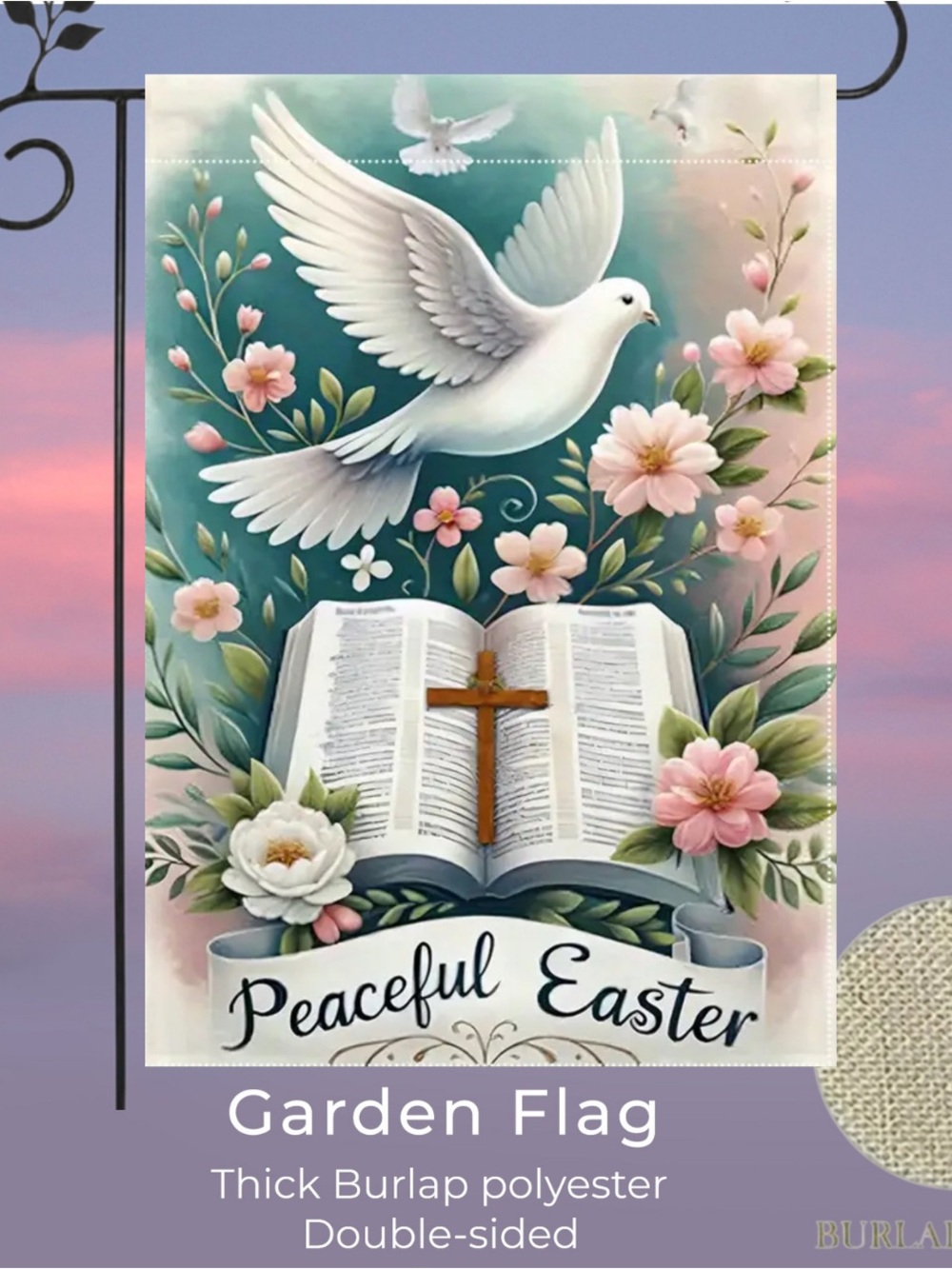 Peaceful Easter Dove Bible Cross Garden Flag, approx 12”x18”, burlap